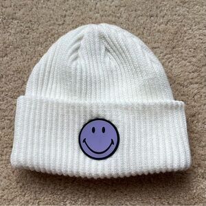 NWOT Smiley x H&M White & Purple Soft Unisex Ribbed Knit Beanie Hat - OSFM